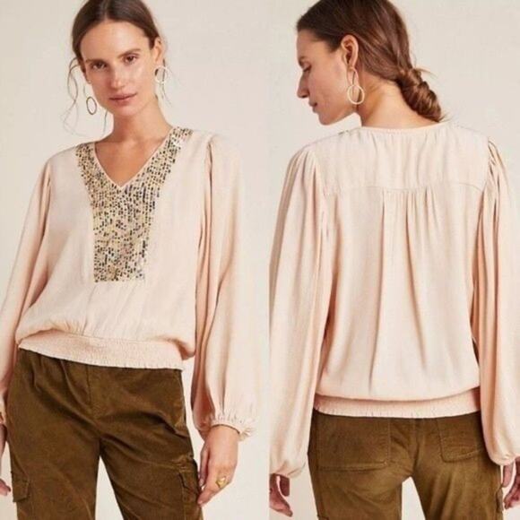 Maeve Tops - Anthropologie Maeve Kristie Sequined Peasant Blouse Beige Tan Size L